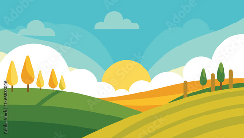 Serene rolling hills landscape silhouette at sunset or sunrise with vibrant colors