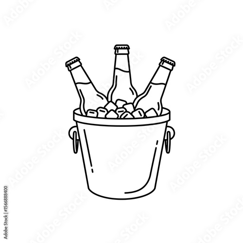 Three beer bottles in an ice bucket outline on a white background