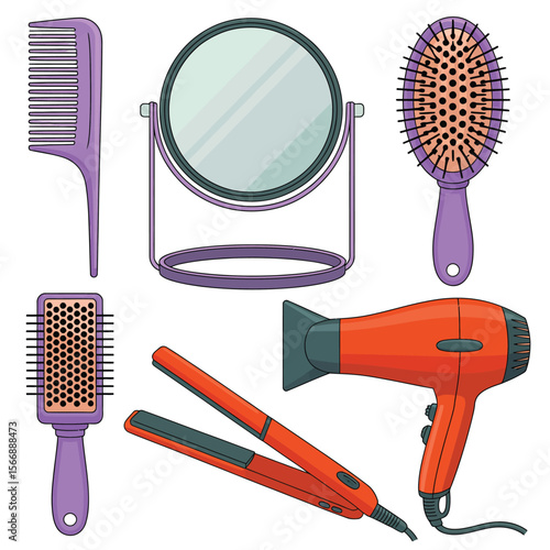 Collection of colorful cartoon hair styling tools including a mirror comb brushes hairdryer and straightener