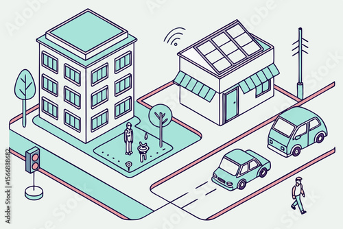 Isometric smart city with buildings cars and people urban technology