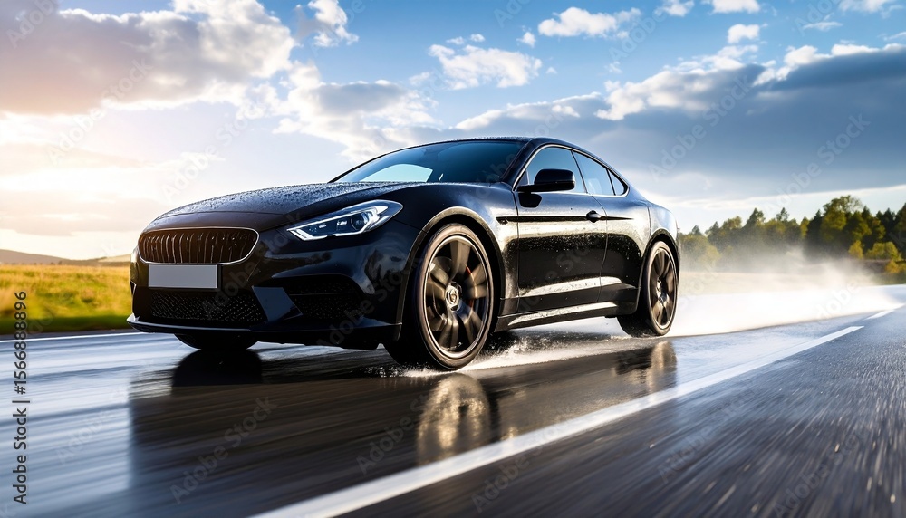 Fototapeta premium Driving Fast on Wet Asphalt – Black Sports Car in Action