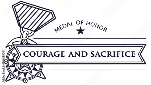 detailed illustration of a medal of honor award, dramatic lighting, highly detailed, award ribbon, military insignia, award symbol, courage and sacrifice text, digital art
