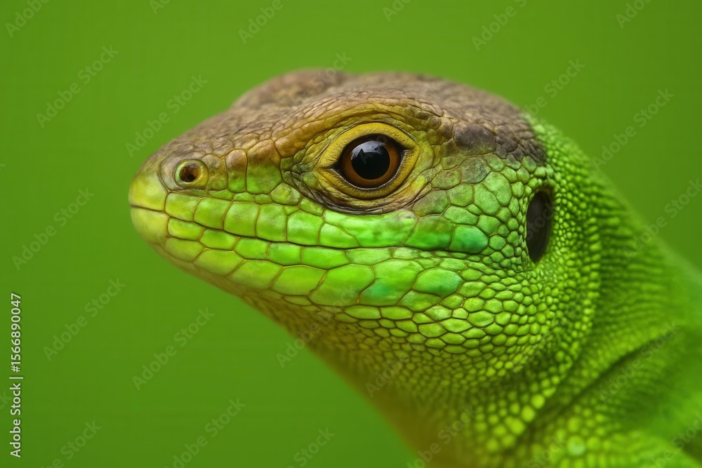 Fototapeta premium Riga, Latvia 05-09-2024 A close-up of a vibrant green lizard with striking yellow eyes, set against a blurred green background