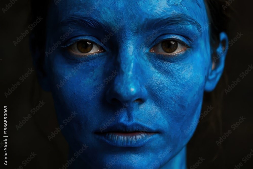Riga, Latvia 05-09-2024 A striking portrait of tranquility and mystery, this close-up captures the essence of a serene blue face against a stark black background Riga, Latvia 05-09-2024 A striking portrait of tranquility and mystery, this close-up captures the essence of a serene blue face against a stark black background