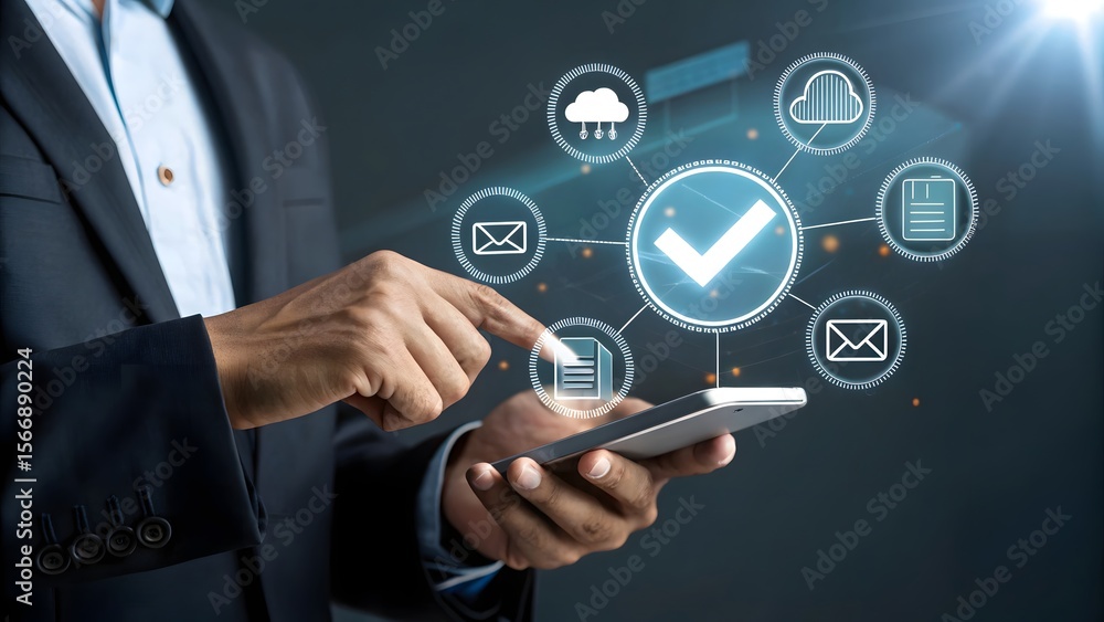 Quality assurance and guarantee concept, Businessman using smartphone with virtual correct sign or tick mark with document icon for approve, online approve paperless and quality assurance concept.
Quality assurance and guarantee concept, Businessman using smartphone with virtual correct sign or tick mark with document icon for approve, online approve paperless and quality assurance concept.