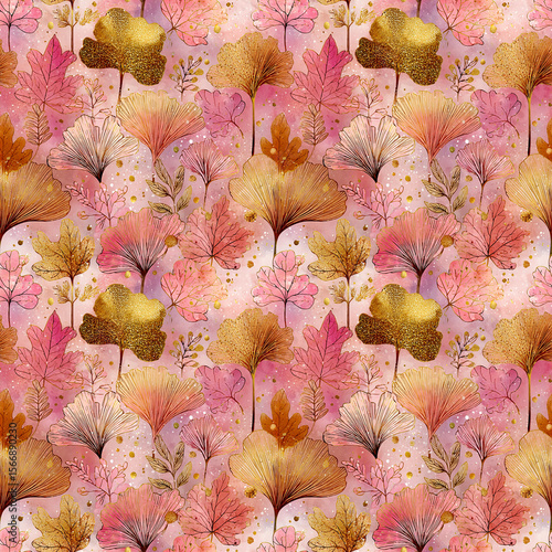 Elegant Watercolor Seamless Pattern Autumn Leaves in Pink and Gold Tones