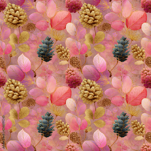 Elegant Watercolor Seamless Pattern with Pinecones and Autumn Leaves in Pink and Gold Tones