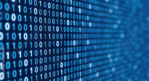 Digital data stream of binary code on a blue screen