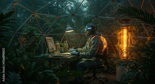 scientist working late in a futuristic greenhouse