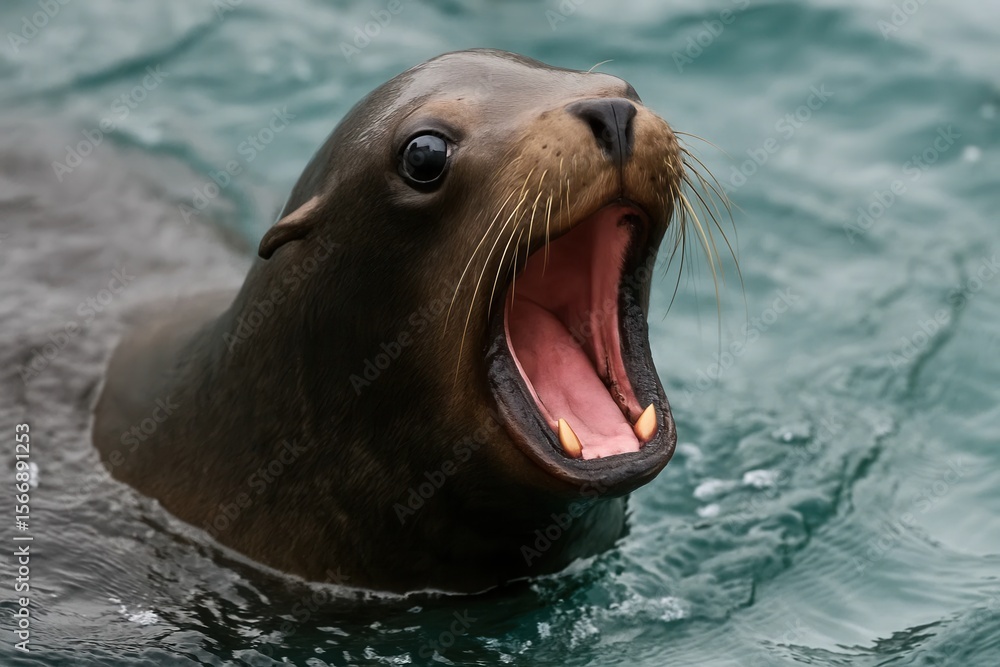 Obraz premium Riga, Latvia 05-09-2024 A seal's roar echoes through the tranquil waters of the ocean
