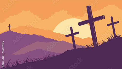 A religious silhouette of crosses on a mountain or hill against the sunrise or sunset sky, symbolizing faith and Christ's resurrection