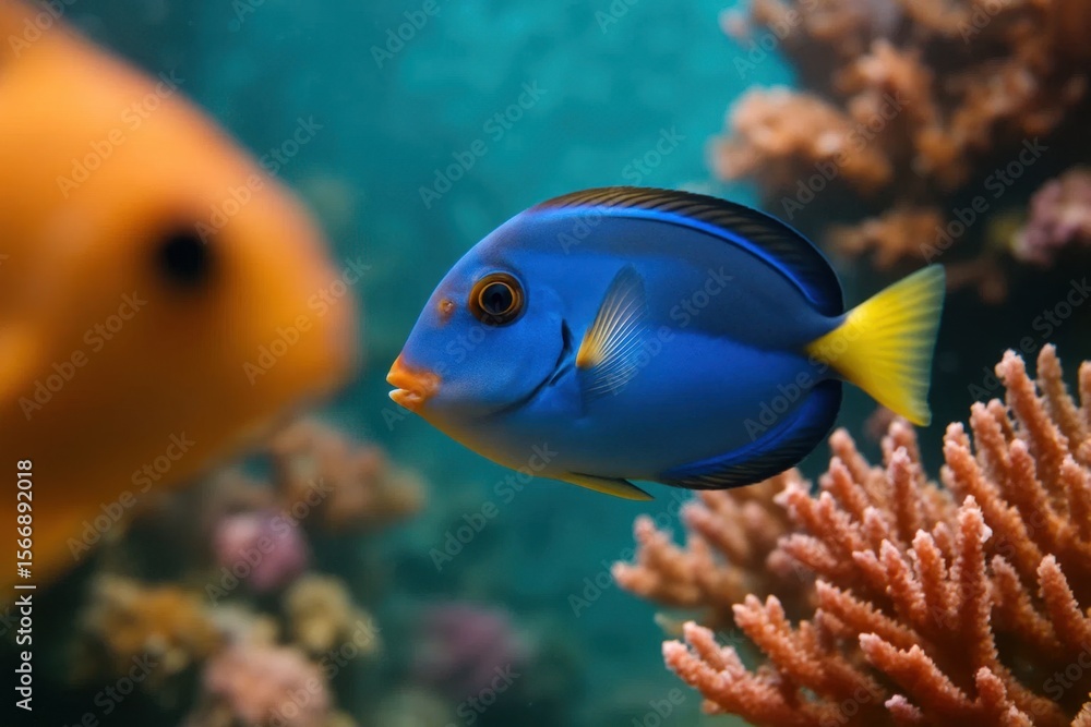 Obraz premium Riga, Latvia 05-09-2024 A vibrant blue tang fish swims gracefully among coral reefs, its vivid colors contrasting with the soft hues of the underwater world