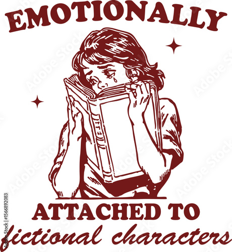 Emotionally Attached to Fictional Characters – Girl crying into book, heartfelt vintage style bookish design for passionate readers and introverts
