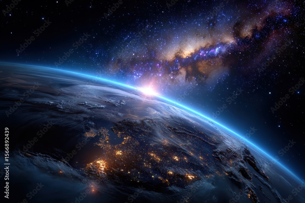 Stunning view of Earth from space showcasing Europe and the vibrant glow of city lights at dawn Stunning view of Earth from space showcasing Europe and the vibrant glow of city lights at dawn