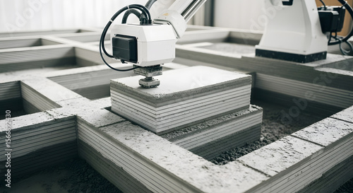 Fototapeta Naklejka Na Ścianę i Meble -  Automated 3D concrete printing A robotic arm meticulously layers cement, constructing a precise structure layer by layer, showcasing innovative construction technology.