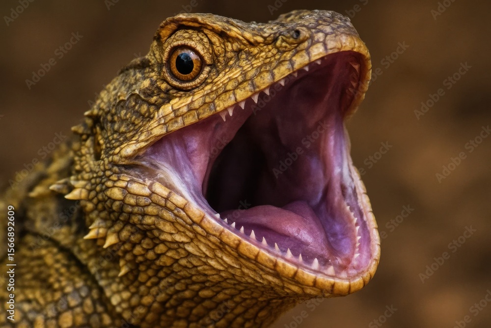 Fototapeta premium Riga, Latvia 05-09-2024 An open-mouthed reptile with a wide-open jaw, showcasing its teeth, set against a blurred background