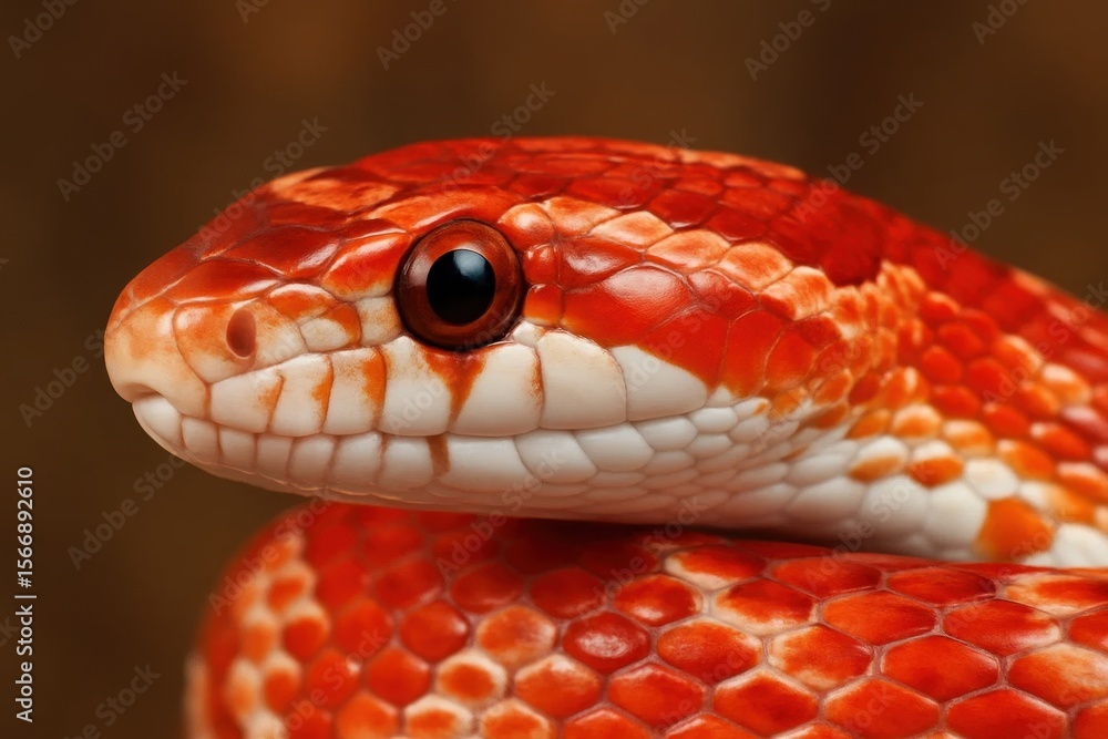 Obraz premium Riga, Latvia 05-09-2024 A vibrant red snake with white markings captures attention against a dark backdrop