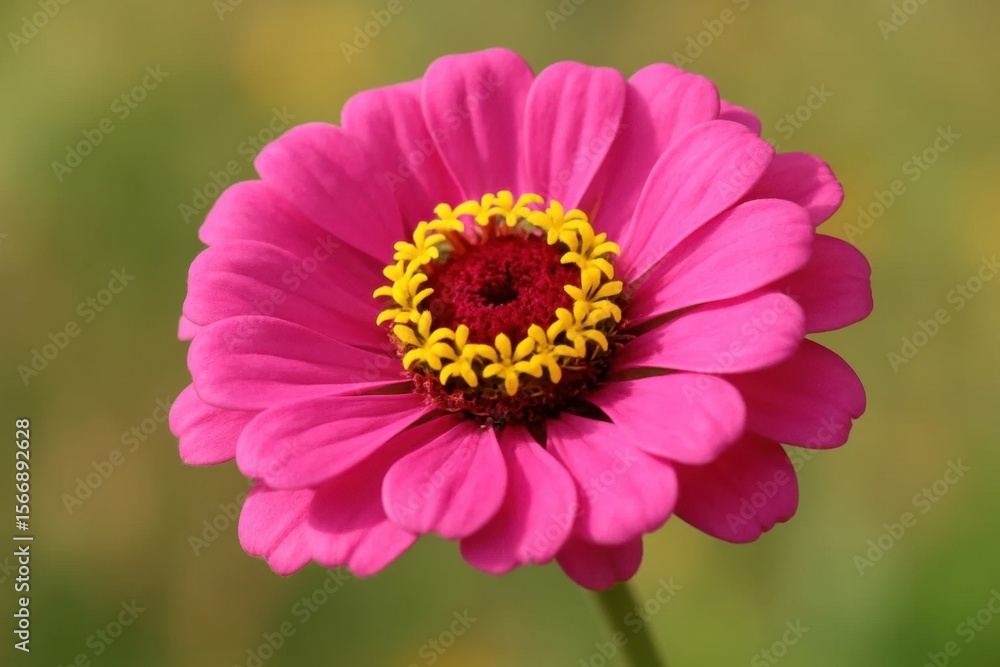 Obraz premium Riga, Latvia 05-09-2024 A single pink zinnia stands out against a soft green backdrop, its vibrant yellow center drawing the eye to the heart of the flower