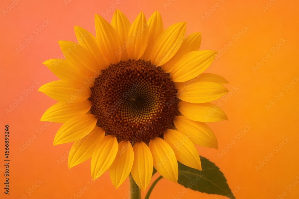Obraz premium Riga, Latvia 05-09-2024 A Sunflower in Full Bloom Against a Warm Orange Backdrop