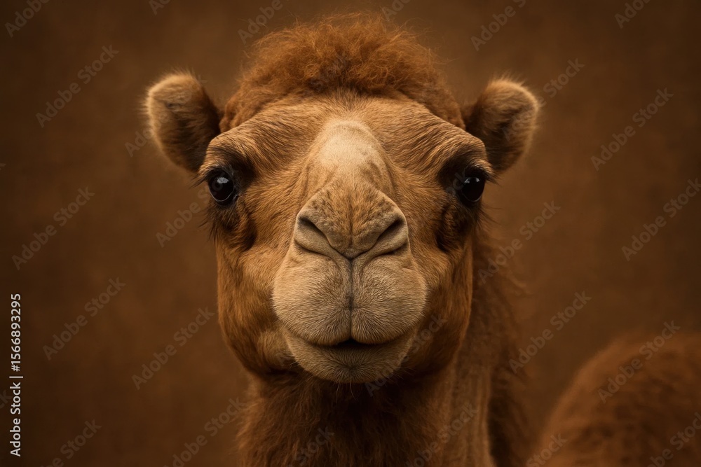 Obraz premium Riga, Latvia 05-09-2024 Close-up of a camel's face against a textured brown background, capturing its gentle and curious expression