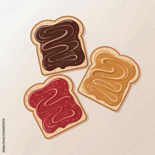 Three slices of toast with peanut butter jelly and chocolate spread