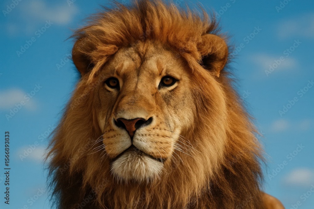 Fototapeta premium Riga, Latvia 05-09-2024 A majestic lion gazes into the azure sky, embodying the spirit of the wild