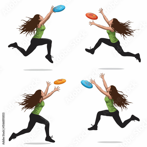 Energetic young woman in four poses catching a frisbee on a white background with spaces for text