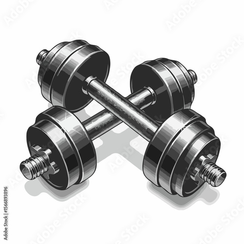 Two realistic metallic adjustable dumbbells in chrome and black crossed for weightlifting on a white background with spaces for text