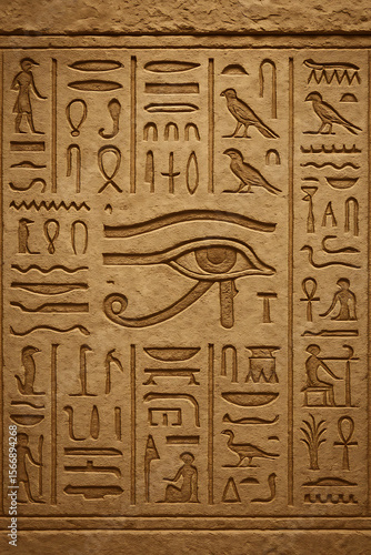 Ancient Egyptian Wall with Hieroglyphs Featuring the Eye of Horus Symbol

