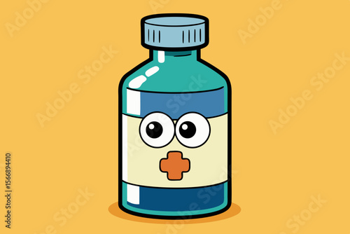 Cartoon medicine bottle with eyes and cross cute