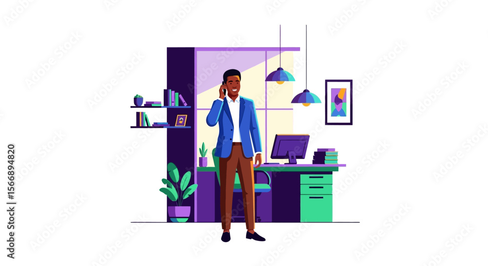 Obraz premium Smiling Businessman on Phone Call in Modern Office.