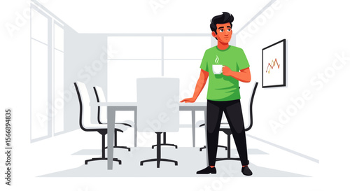Cartoon man in green shirt holding steaming coffee cup in office.