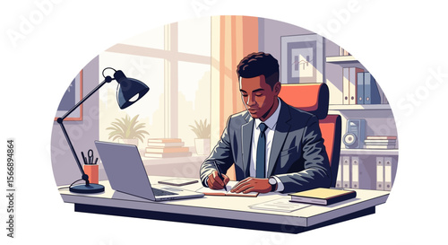 Focused Businessman Writing Notes at Desk in Modern Office.