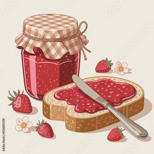 Jar of strawberry jam with toast and fresh strawberries and flowers