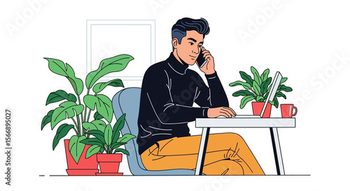 Stylish Man Working at Home with Plants and a Laptop.