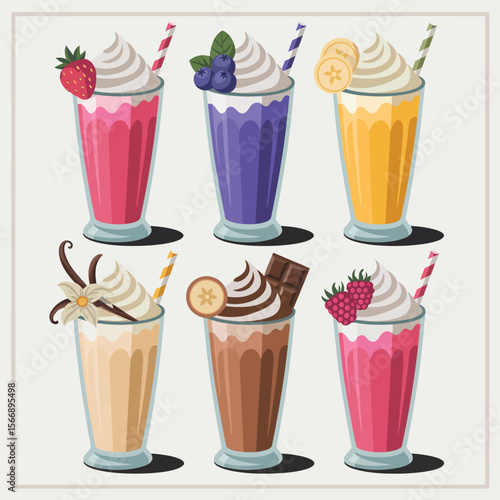 Collection of six delicious fruit flavored milkshakes with whipped cream and toppings