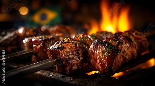 Juicy Grilled Beef Skewers on Open Flame with Brazilian Flag in Background perfect for barbecue restaurant menus, summer cookout campaigns, traditional cuisine branding and meat product packaging