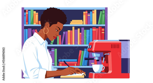 Woman in white shirt writing near red coffee machine and bookshelf.