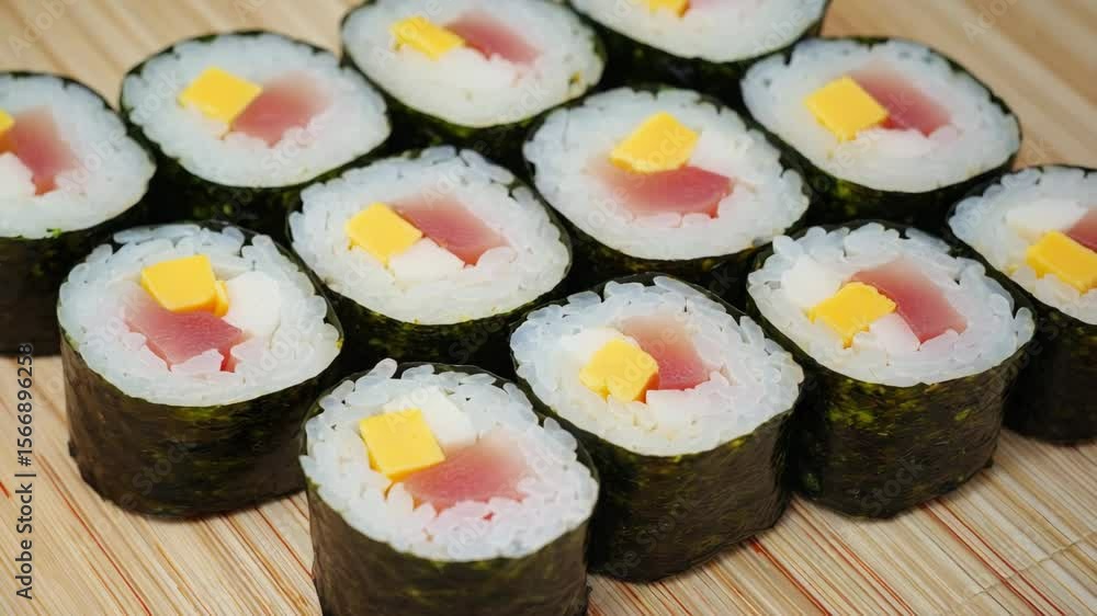 Assorted sushi rolls with tuna, tamago and rice on bamboo mat Assorted sushi rolls with tuna, tamago and rice on bamboo mat