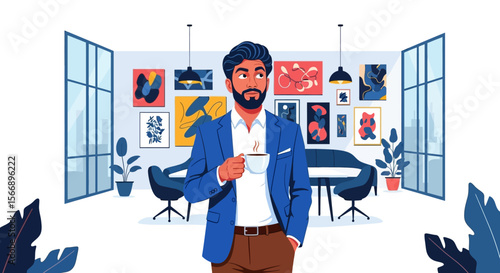 Contemplative Businessman in Modern Office Holding Coffee Looking Upward.