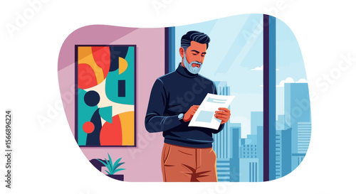 Thoughtful Businessman Reviews Documents in Modern Office Setting.