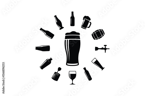 Beer glass mug barrel tap bottles wine glass vector