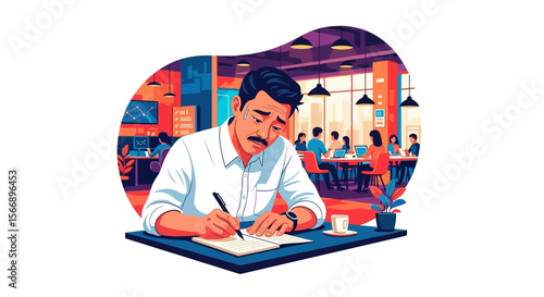 Stressed Businessman Writing in a Busy Co-working Space.