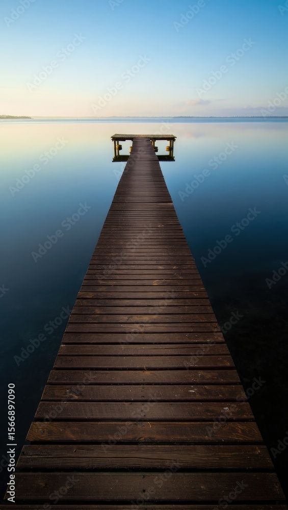 Obraz premium Wooden pier extending into a tranquil, reflective lake at sunset. The clear sky and calm water convey serenity and peacefulness.