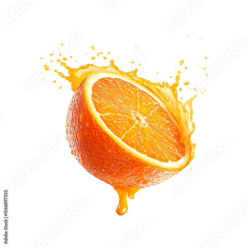 Close up of a juicy orange half with splashing juice and droplets falling isolated on transparent background