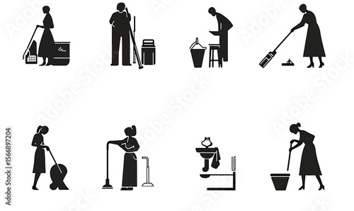 Housekeeping cleaning icons set with female silhouettes vacuuming mopping scrubbing dusting wiping floors and windows in flat style vector