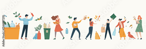 People participating in plastic recycling and waste sorting activity with ecological care focus, sustainable lifestyle and environmental conservation concept in flat vector style