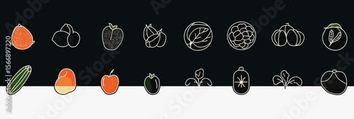 Minimalist line art vector icons of assorted fruits and vegetables in flat design with partial orange and green color fills on black background for healthy food concept illustration