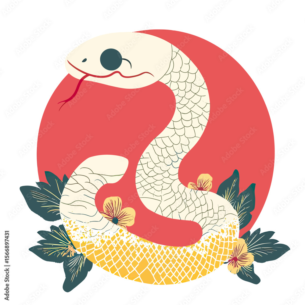 Fototapeta premium White snake with yellow scales coiled around floral leaves and flowers in front of large red circle background vector illustration design