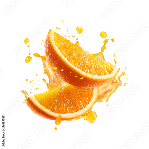 Two juicy orange slices splashing with vibrant orange juice and droplets isolated on transparent background